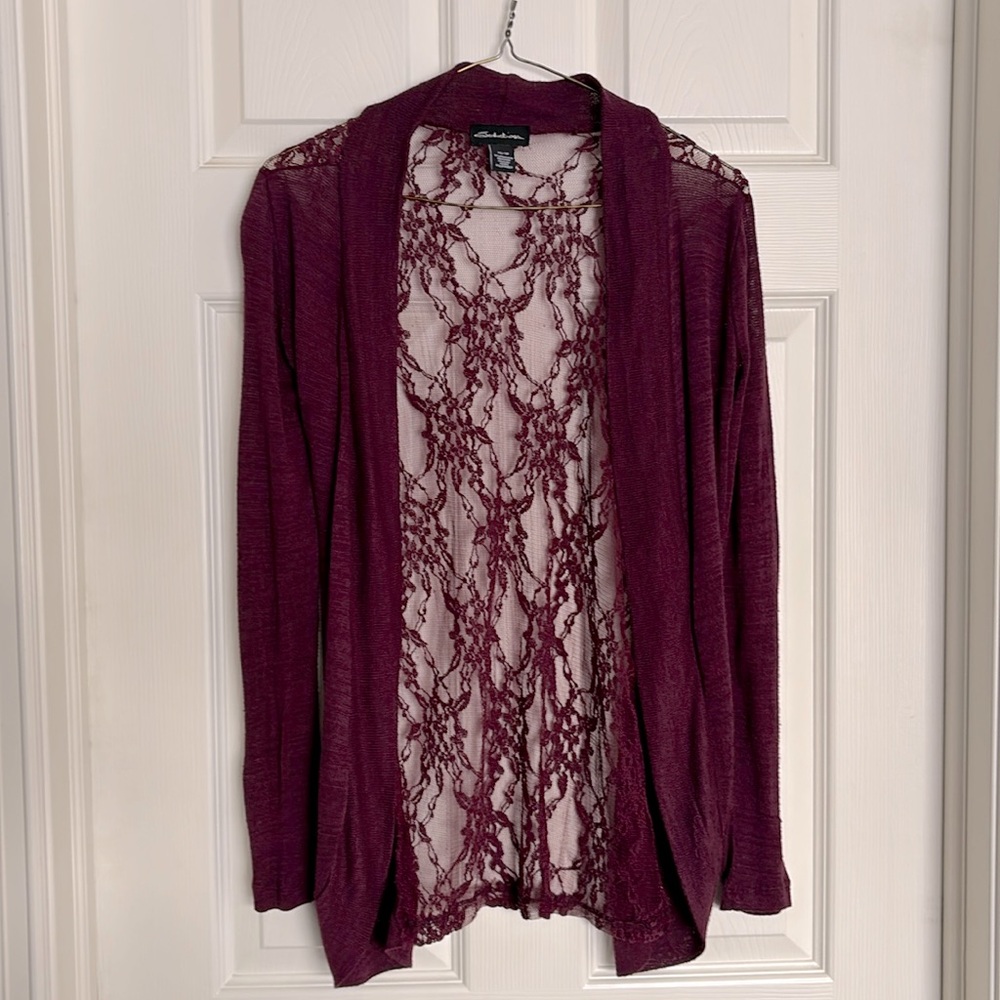 Burgundy cardigan with lace detailed back